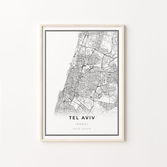 Tel Aviv Israel Modern Minimalist Black and White City Map Poster