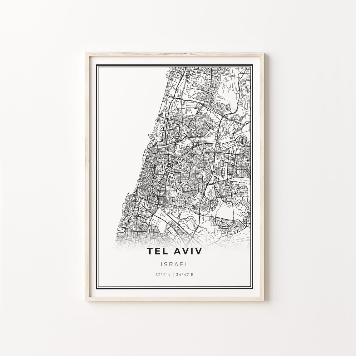 Tel Aviv Israel Modern Minimalist Black and White City Map Poster