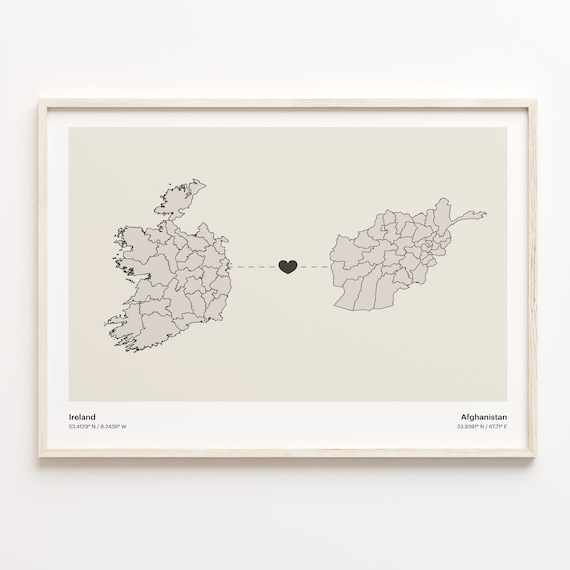 Ireland and Afghanistan Minimalist Long Distance Heart Map Connection Poster