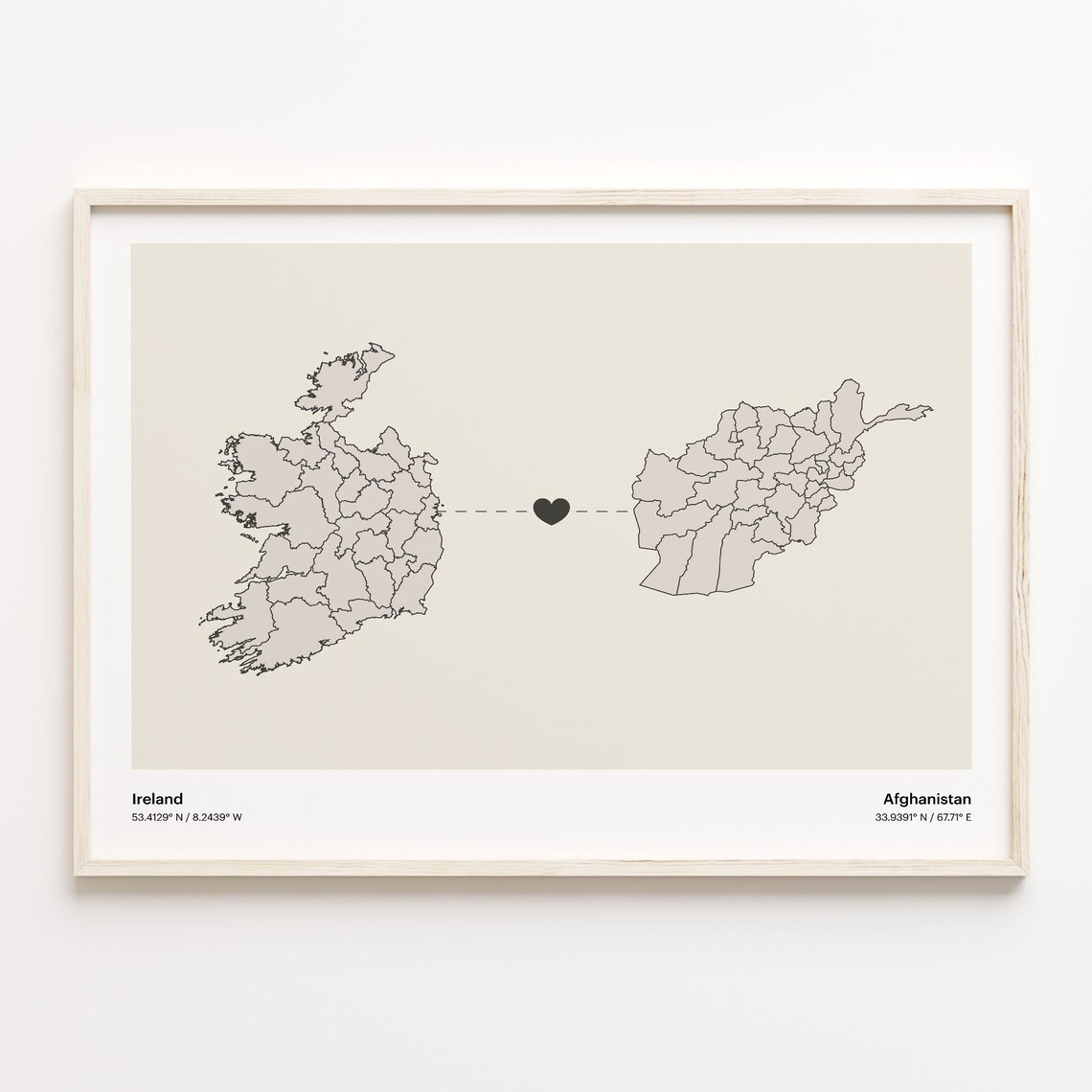Ireland and Afghanistan Minimalist Long Distance Heart Map Connection Poster