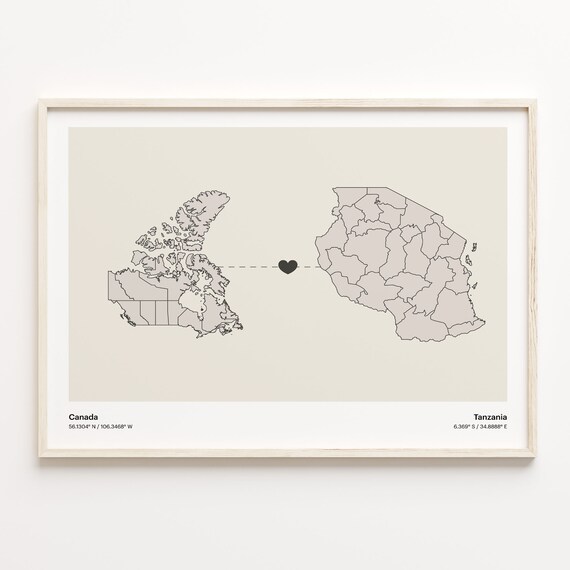 Canada and Tanzania Long Distance Love Country Connection Map Poster