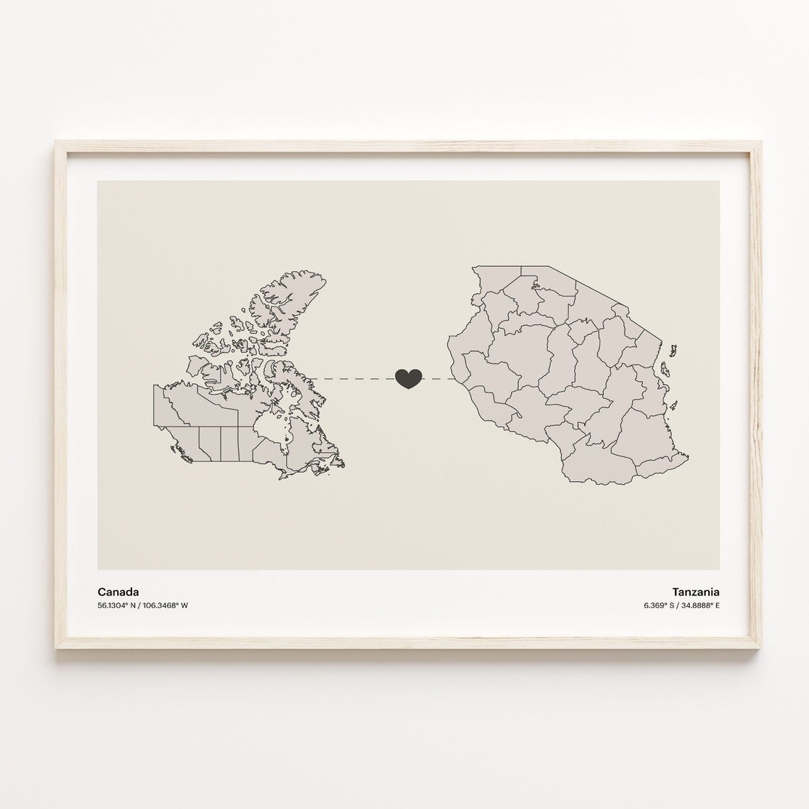 Canada and Tanzania Long Distance Love Country Connection Map Poster