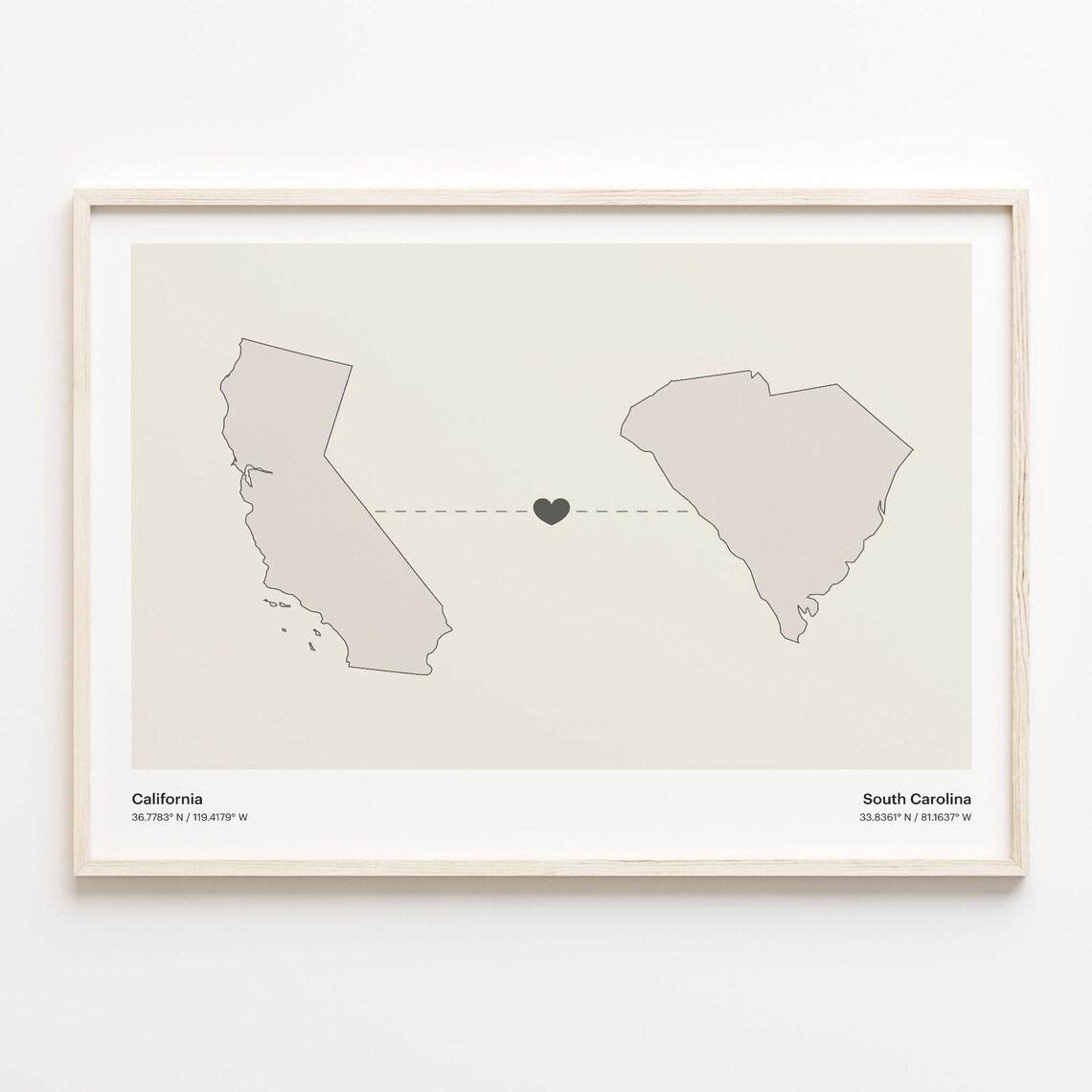 California to South Carolina Minimalist Heart Map Connection Poster