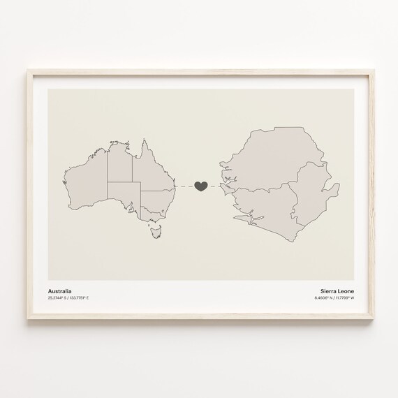 Australia To Sierra Leone Minimalist Map Heart Connection Gift Poster