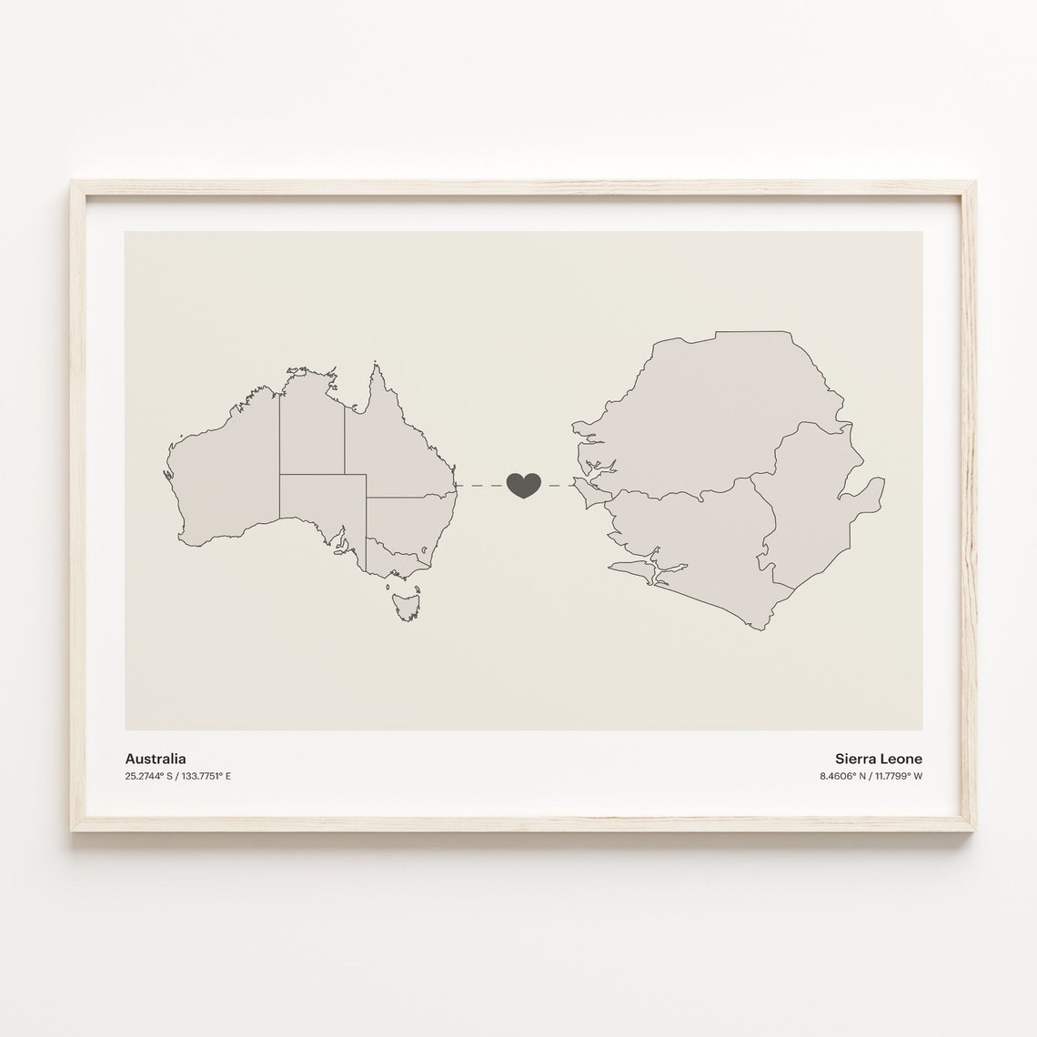 Australia To Sierra Leone Minimalist Map Heart Connection Gift Poster