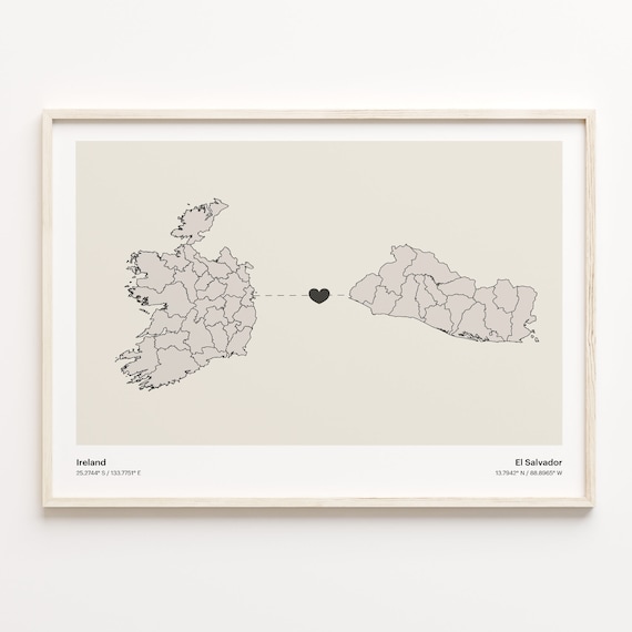 Ireland to El Salvador Long Distance Heart Map Minimalist Connection Poster