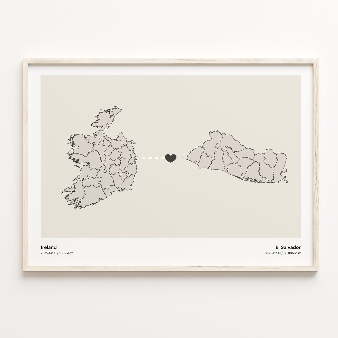 Ireland to El Salvador Long Distance Heart Map Minimalist Connection Poster