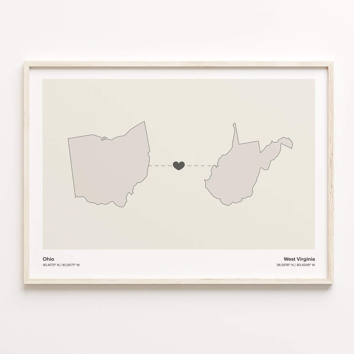 Ohio To West Virginia Minimalist Heart State Map Connection Print