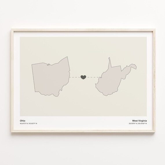 Ohio To West Virginia Minimalist Heart State Map Connection Print