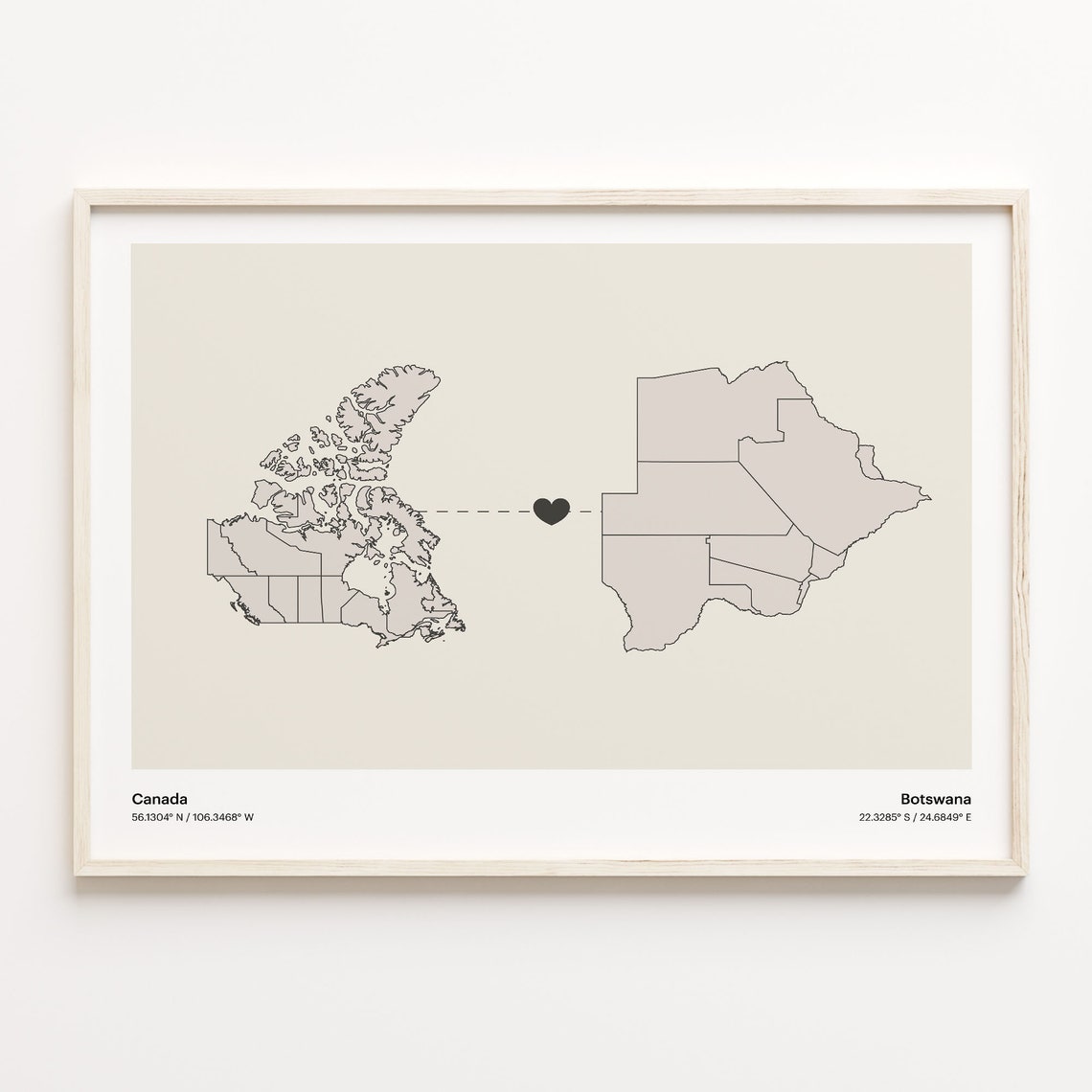 Canada To Botswana Long Distance Love Minimalist Map Art Poster