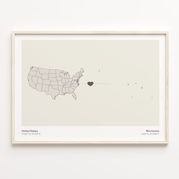 United States to Micronesia Heart Line Minimalist Map Poster