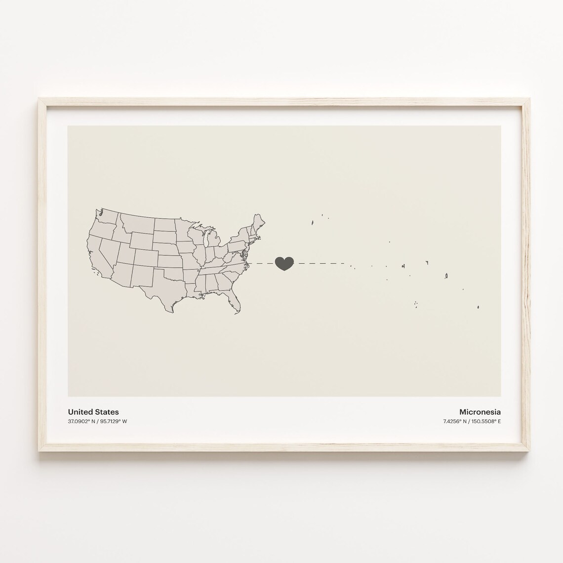 United States to Micronesia Heart Line Minimalist Map Poster