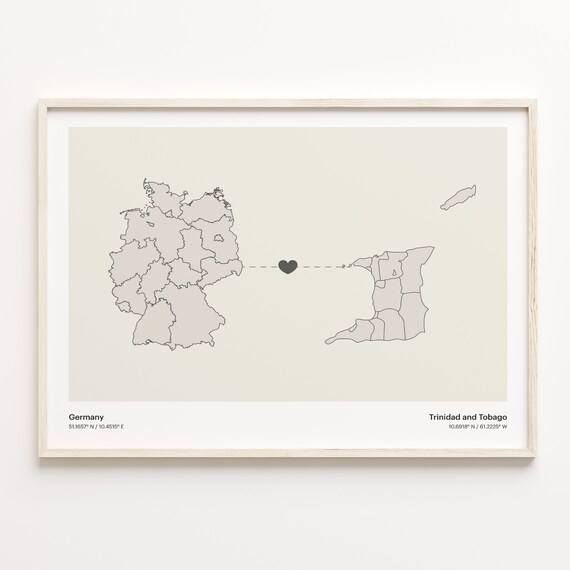 Germany To Trinidad And Tobago Long Distance Love Minimalist Map Art Poster