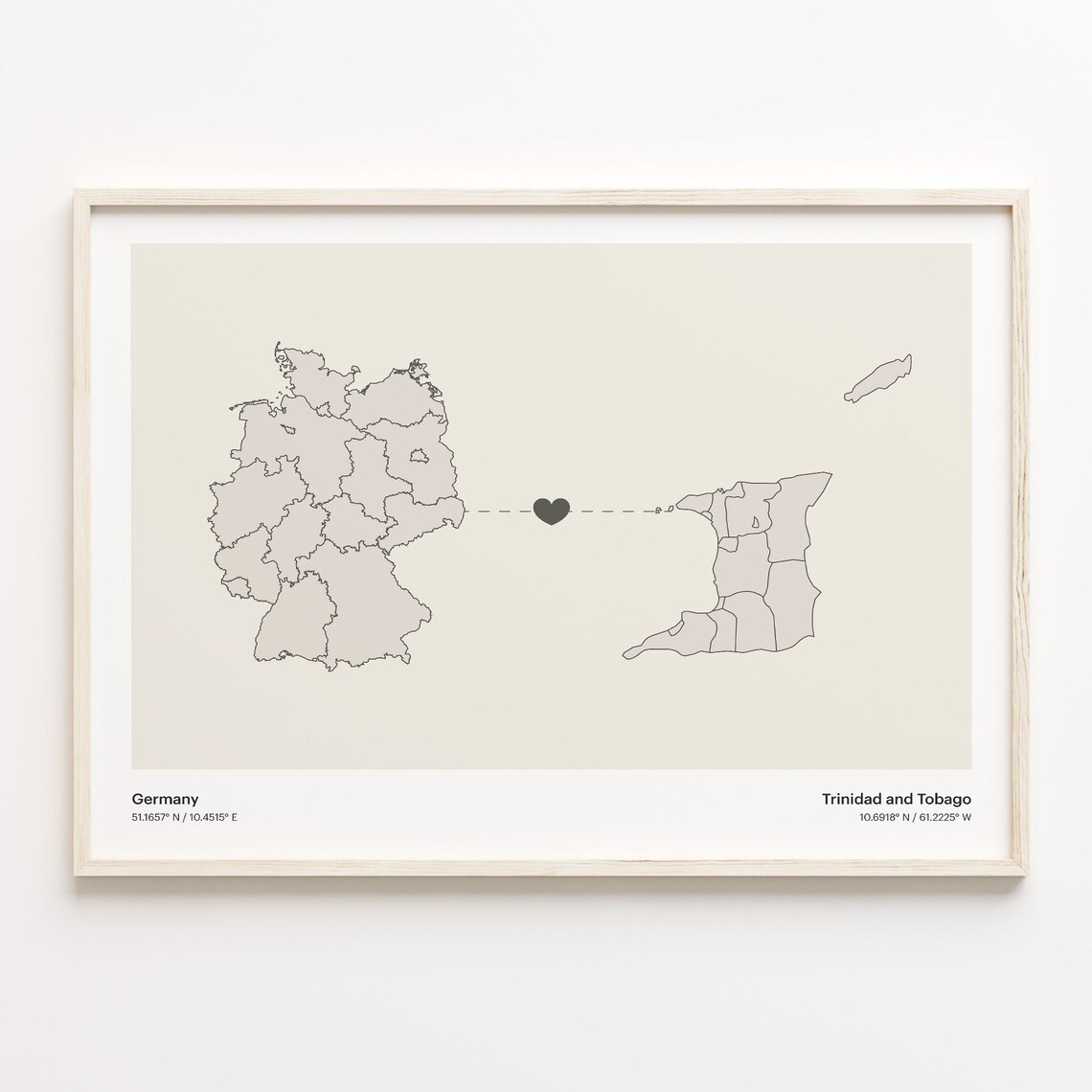 Germany To Trinidad And Tobago Long Distance Love Minimalist Map Art Poster