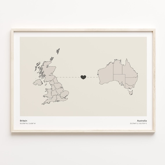 Britain to Australia Heart Connection Long Distance Map Poster