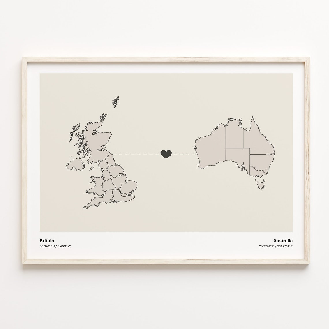 Britain to Australia Heart Connection Long Distance Map Poster