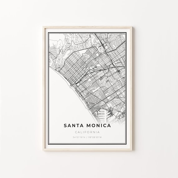Santa Monica California Black White Coastal Street Map Poster