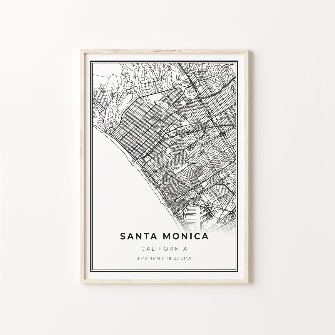 Santa Monica California Black White Coastal Street Map Poster
