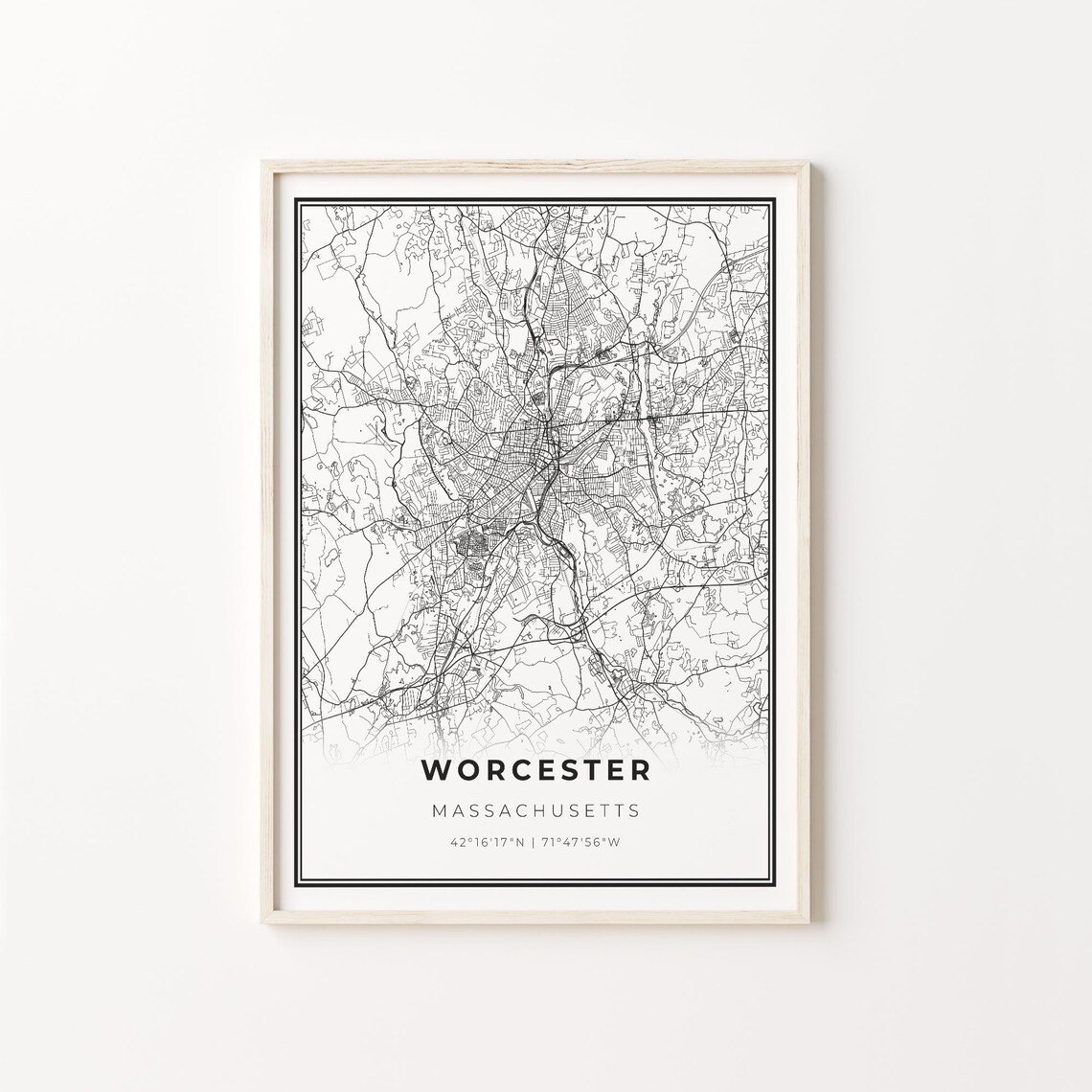 Worcester Massachusetts Minimalist Black White City Street Map Art Poster