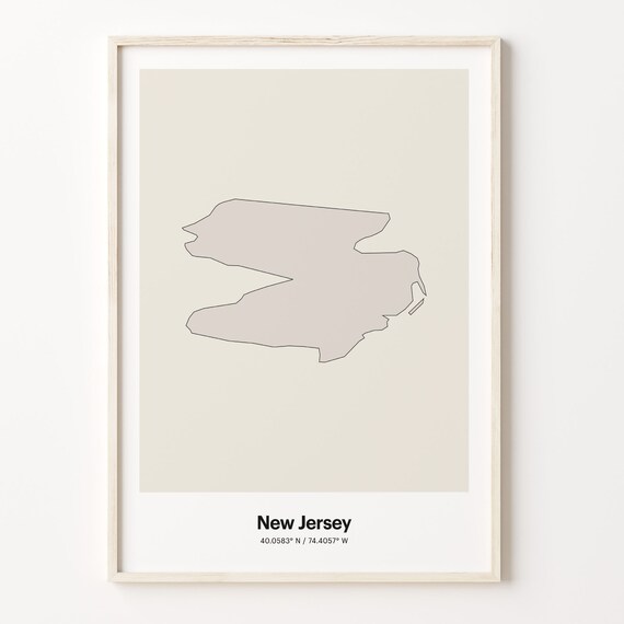 New Jersey State Map Minimalist Beige Line Art Travel Poster