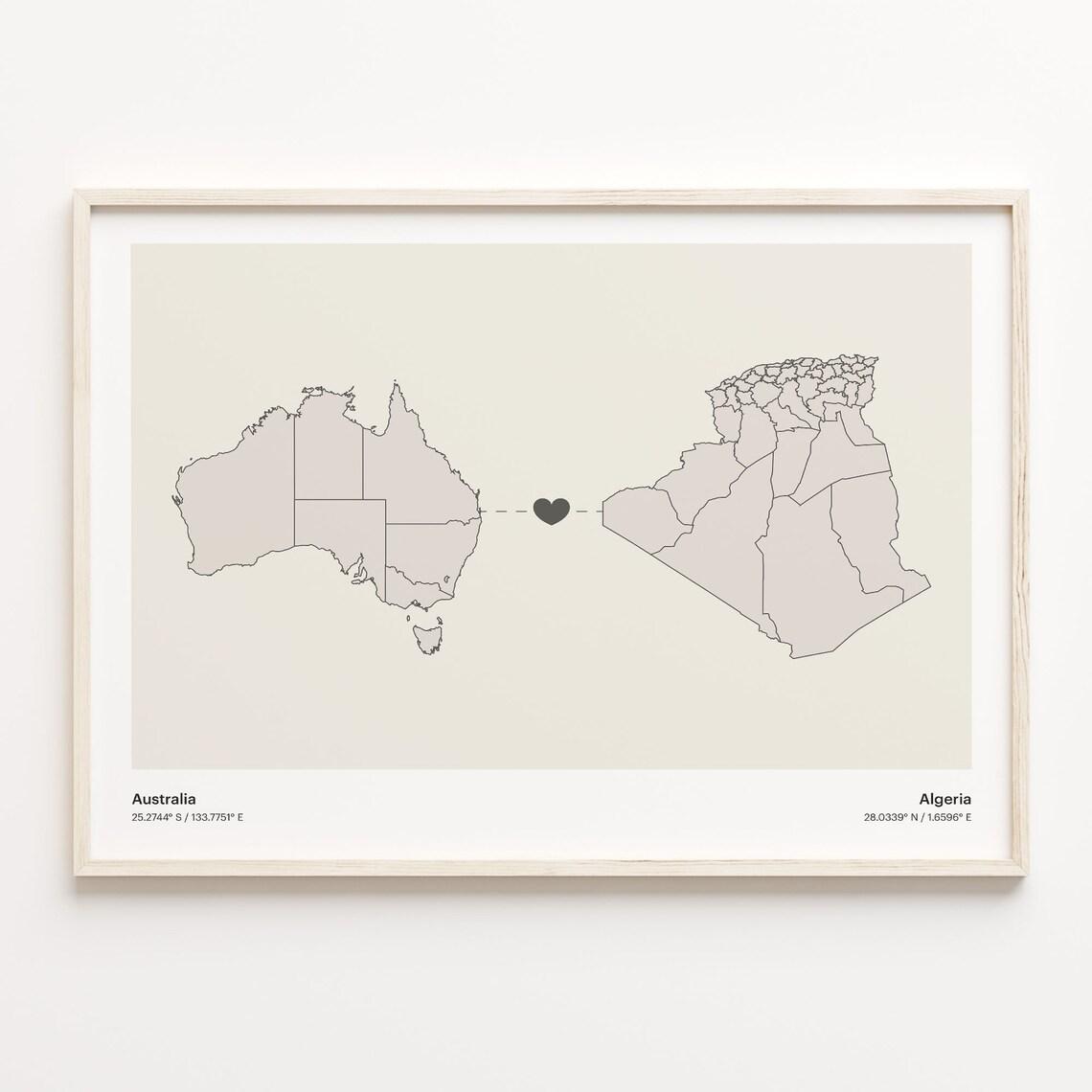 Australia To Algeria Long Distance Heart Map Couple Gift Poster