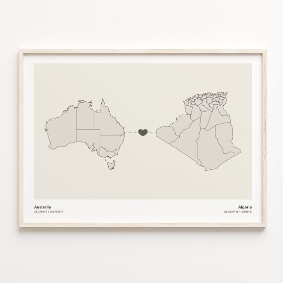 Australia To Algeria Long Distance Heart Map Couple Gift Poster