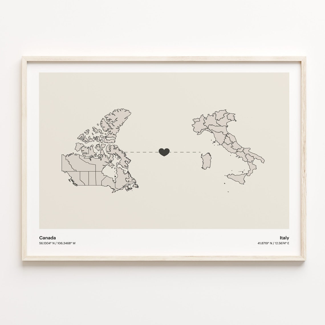 Beautiful Canada Italy Long Distance Heart Connection Map Poster Gift