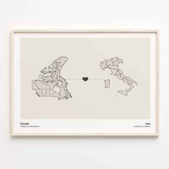 Beautiful Canada Italy Long Distance Heart Connection Map Poster Gift