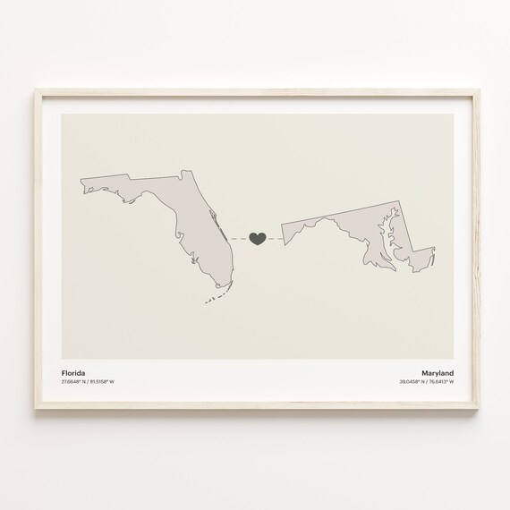 Florida Maryland Beige Minimalist Heart Connection Map Poster
