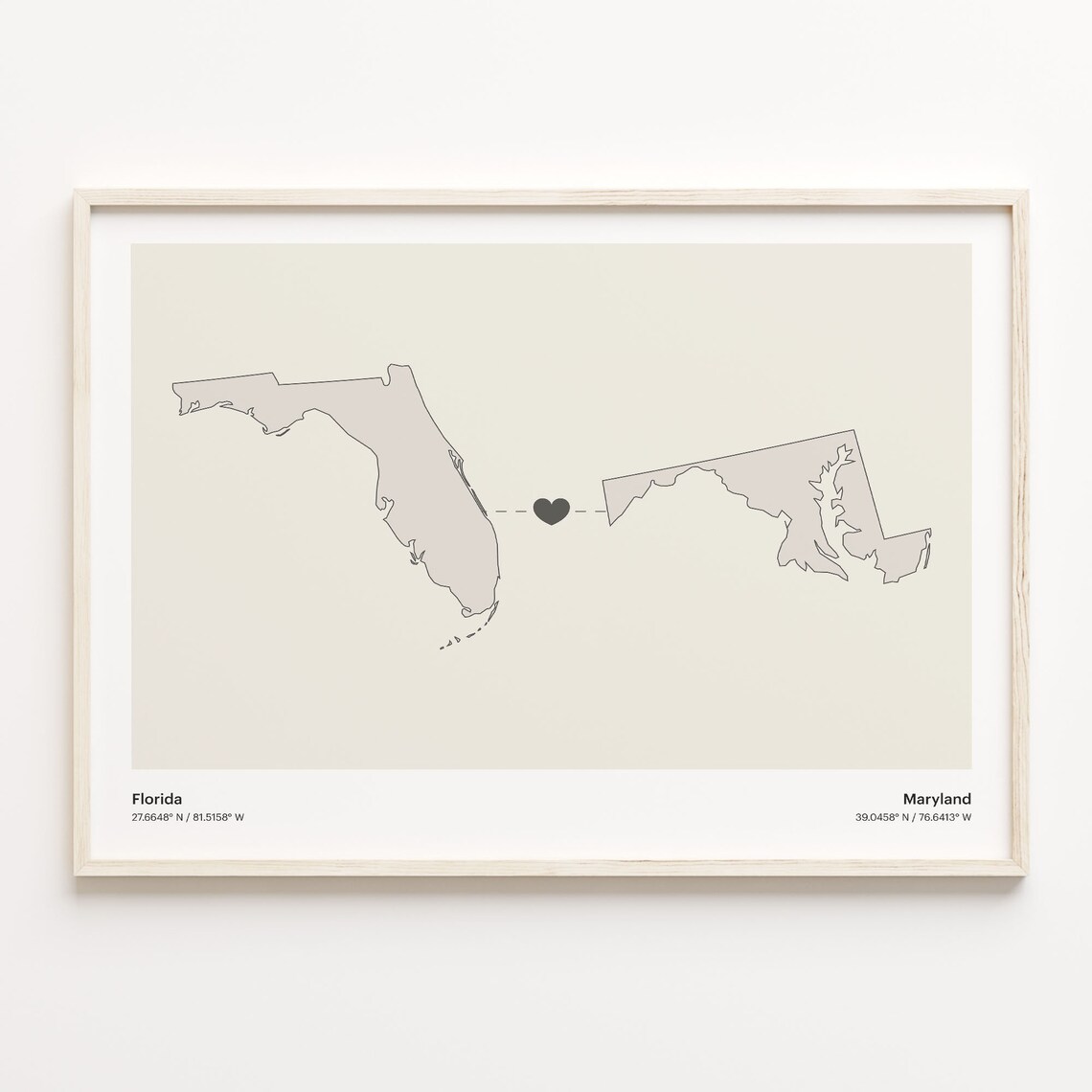 Florida Maryland Beige Minimalist Heart Connection Map Poster