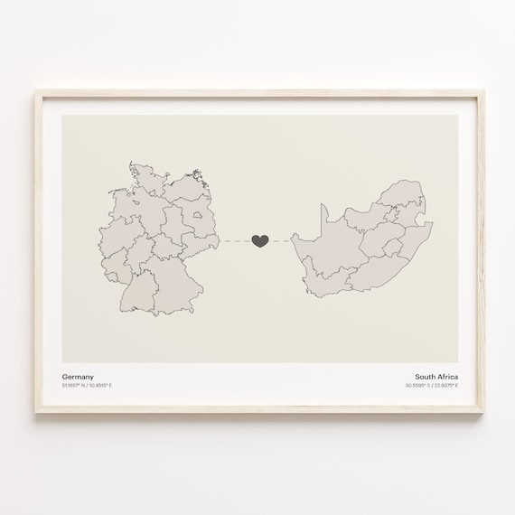Germany to South Africa Minimalist Heart Connection Map Art Poster
