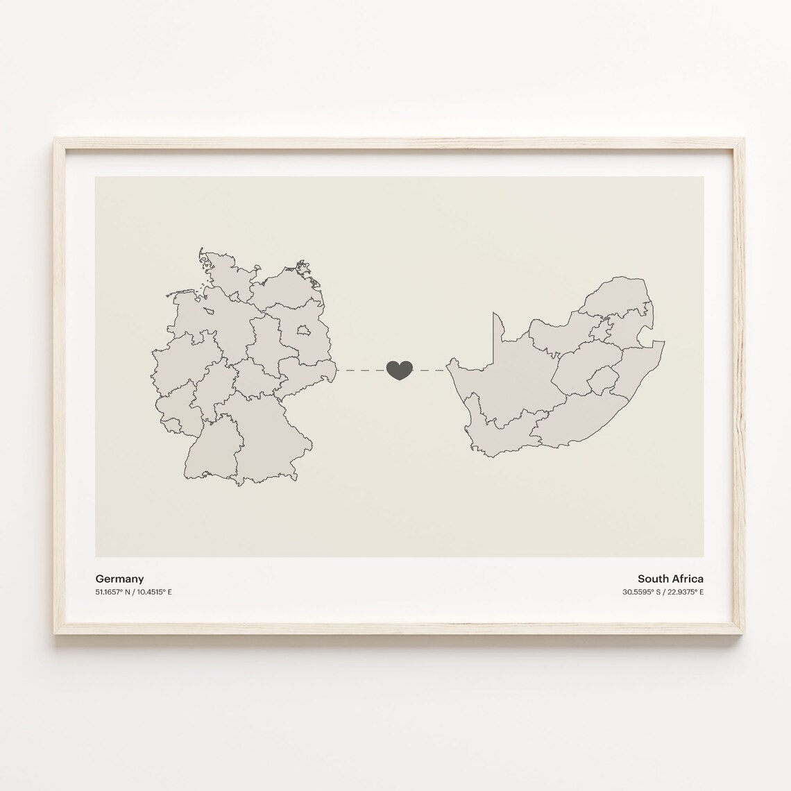 Germany to South Africa Minimalist Heart Connection Map Art Poster
