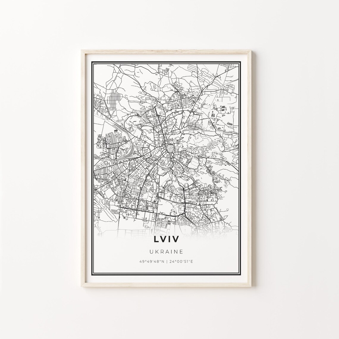 Lviv City Map Art Print, Modern Black and White