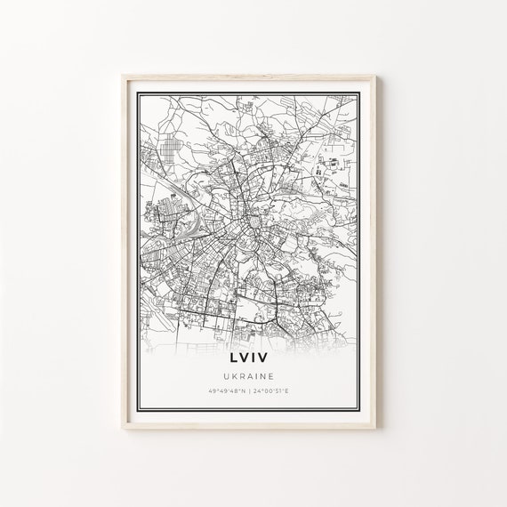Lviv City Map Art Print, Modern Black and White