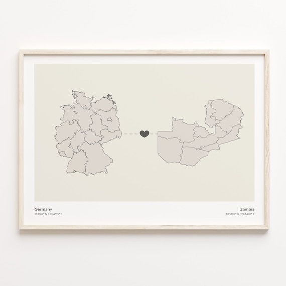 Germany To Zambia Long Distance Love Minimalist Map Art Poster