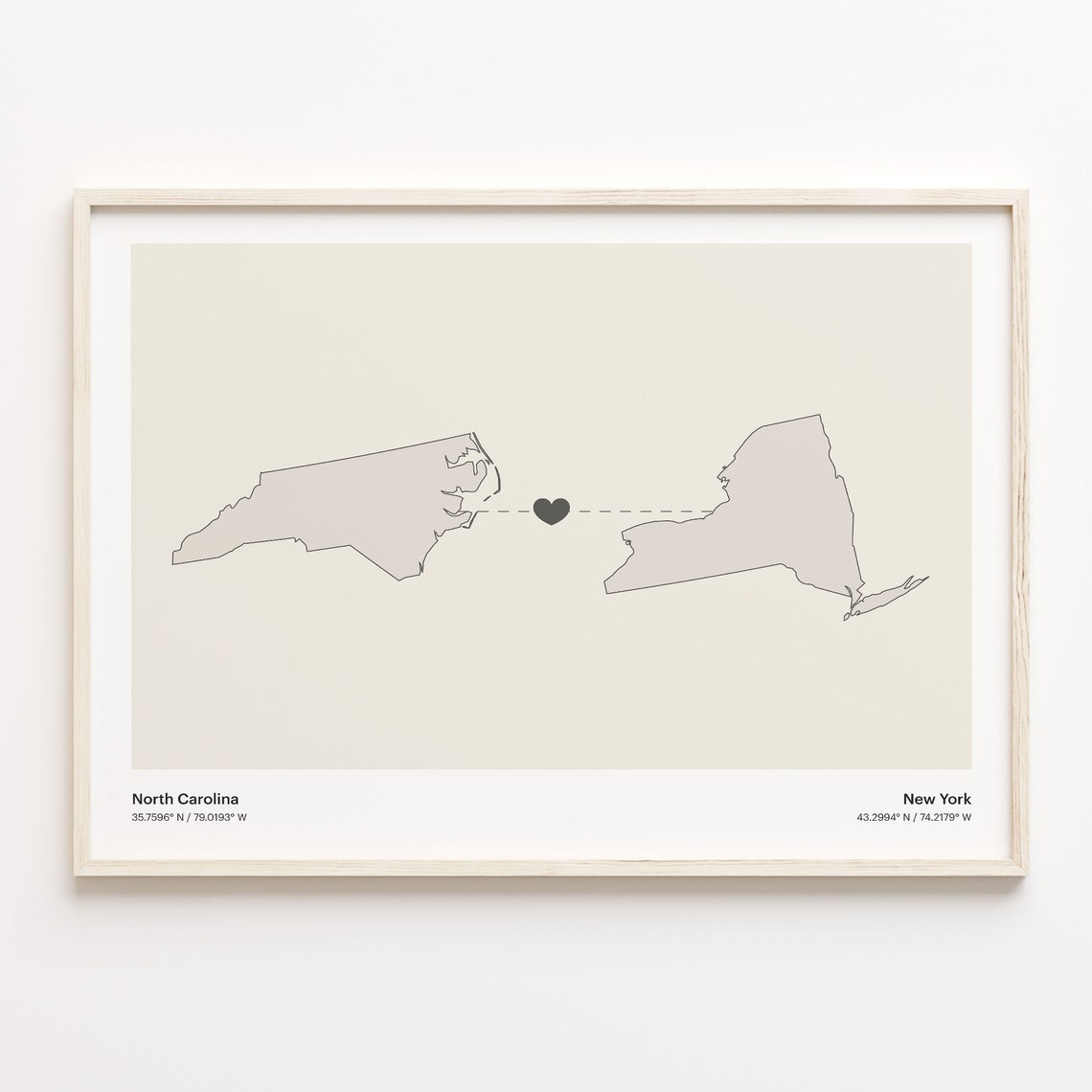 North Carolina To New York Minimalist Heart Map Connection Print