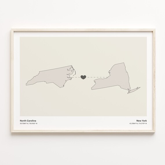 North Carolina To New York Minimalist Heart Map Connection Print