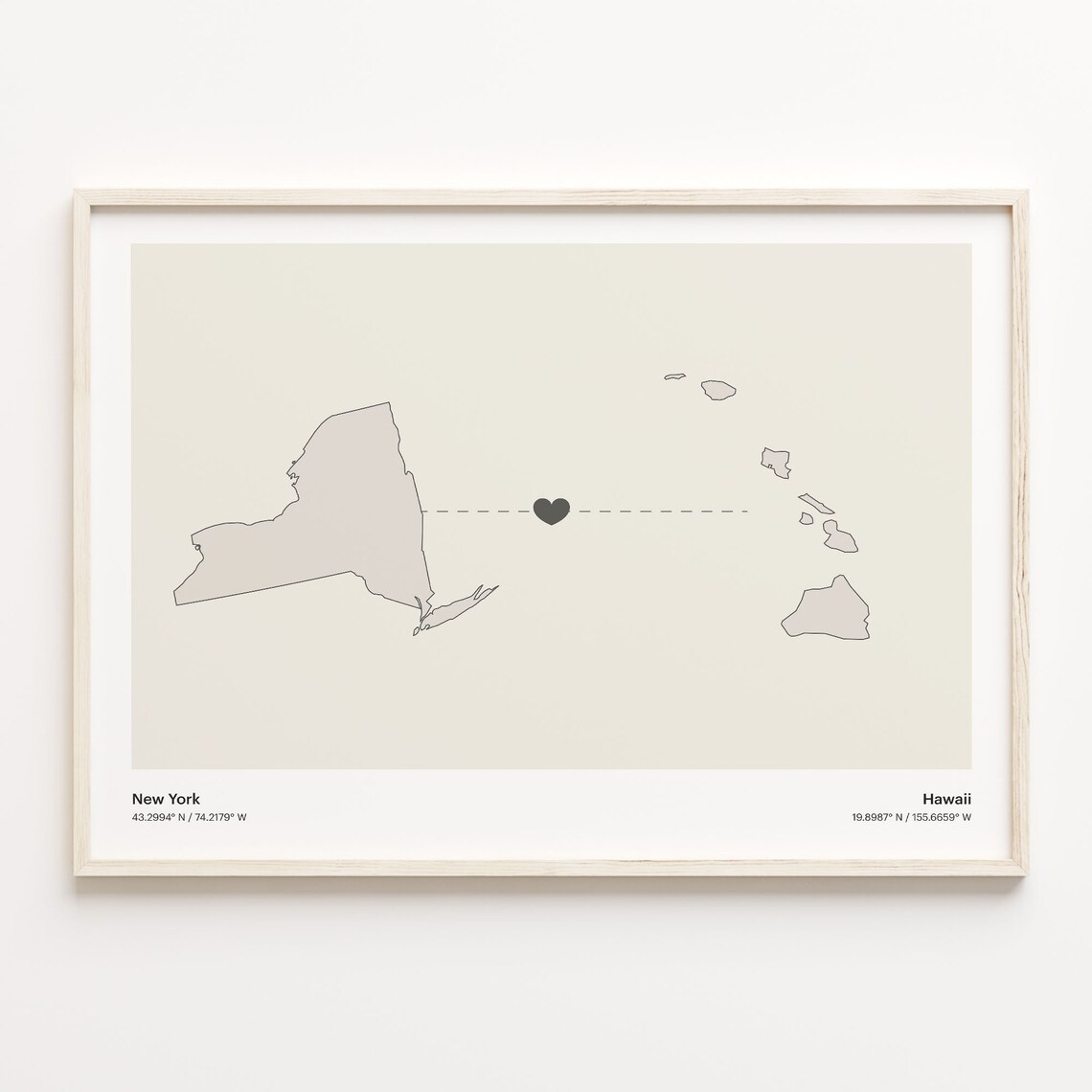 New York and Hawaii Couple Long Distance Love Heart Map Poster