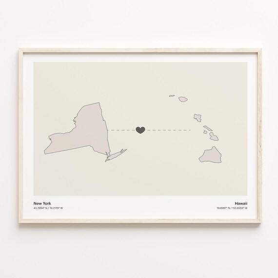 New York and Hawaii Couple Long Distance Love Heart Map Poster