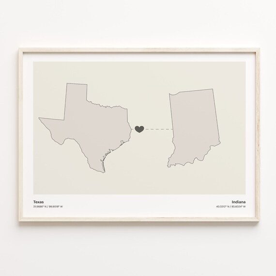 Texas to Indiana Long Distance Love Heart Connection Map Poster