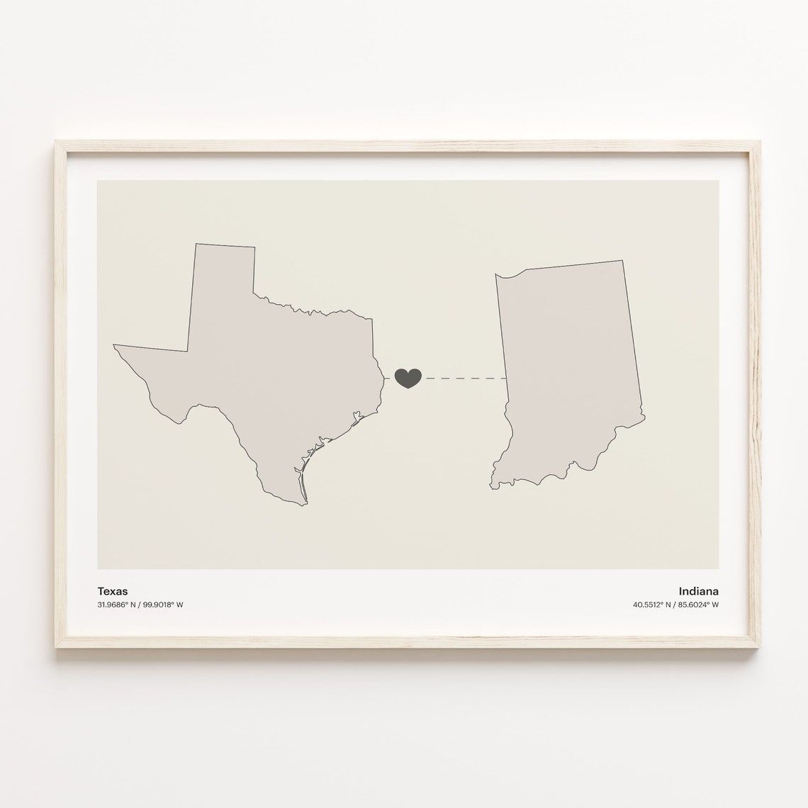 Texas to Indiana Long Distance Love Heart Connection Map Poster