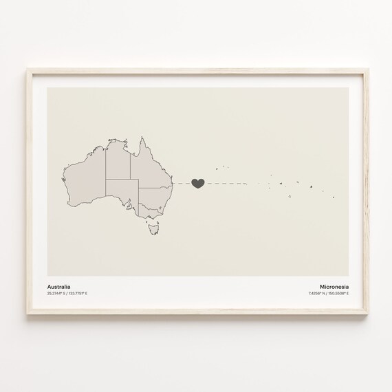Australia To Micronesia Long Distance Heart Map Couple Gift Poster