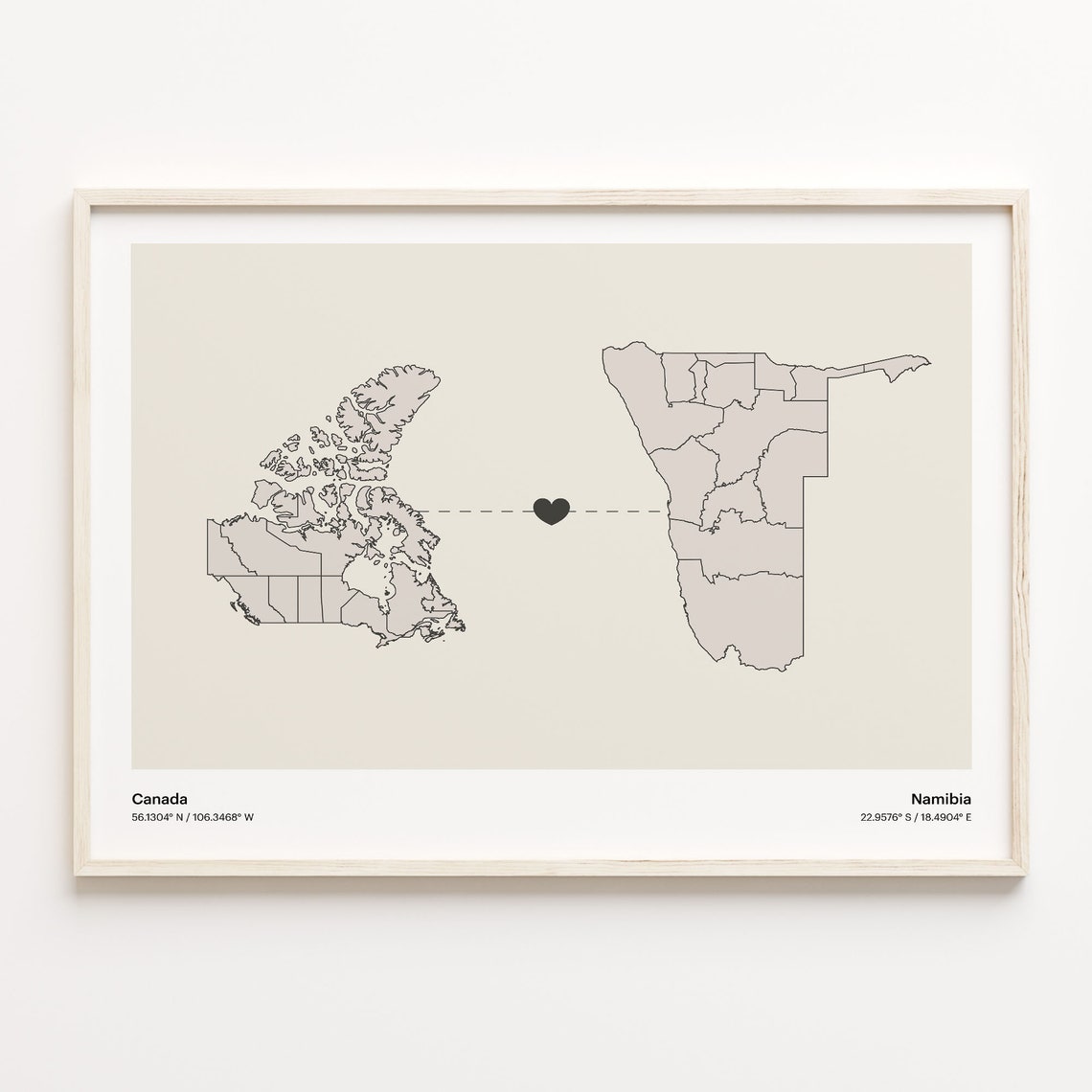 Canada To Namibia Heart Connection Minimalist Map Art Print Gift