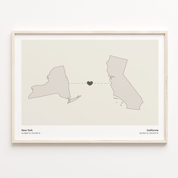 New York to California Modern Minimalist Map Heart Line Art Poster