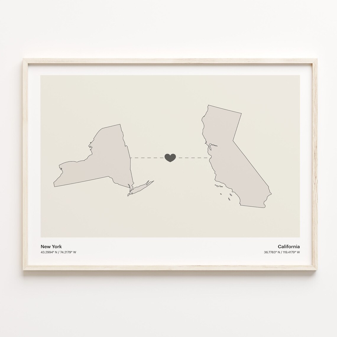 New York to California Modern Minimalist Map Heart Line Art Poster