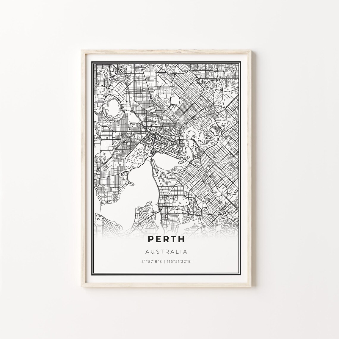 Perth Australia Minimalist Black White City Street Map Art Poster