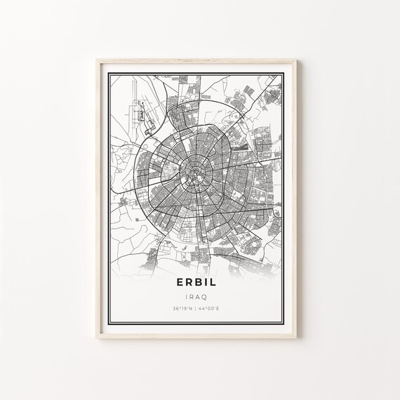 Erbil Iraq Modern Black And White Street Map Coordinates Poster