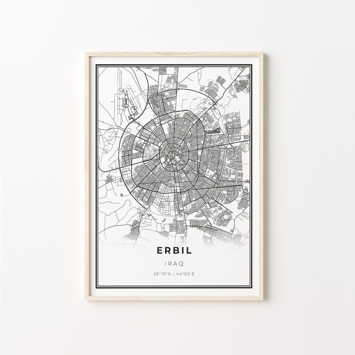 Erbil Iraq Modern Black And White Street Map Coordinates Poster