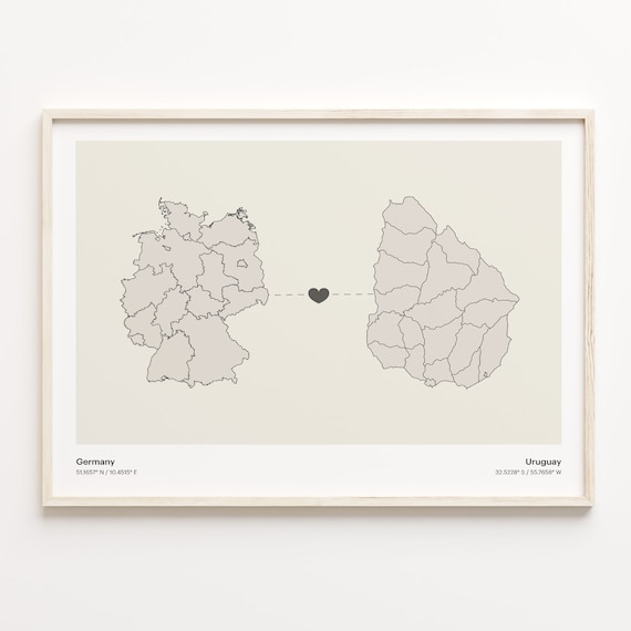 Germany To Uruguay Soft Beige Heart Connection Minimalist Map Poster