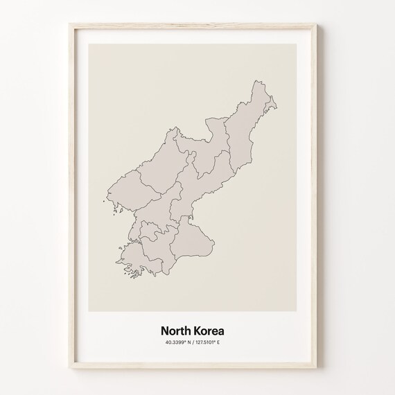 North Korea Minimalist Map Poster With Printed Coordinates Neutral Home Decor